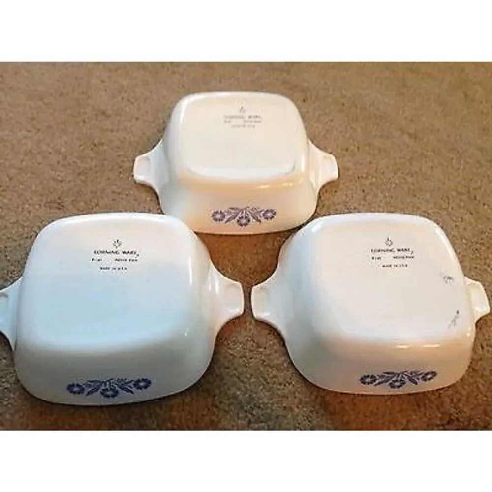 3 CORNING BLUE CORNFLOWER P-41 PETITE PAN CASSEROLE DISHES